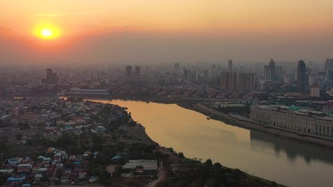 PhnomPenh / Cambodia - Feb 11 2020 : Phnompenh capital of Cambodia on the sunset with beautiful landscape by drone