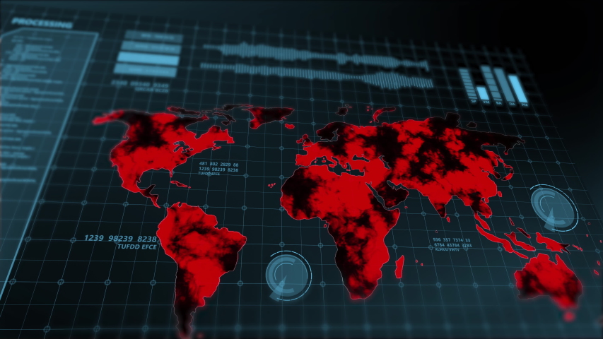 World map crisis virus spread pandemic warning sci-fi HUD UI user interface futuristic laboratory monitor background 3D COVID Corona virus infected counting number warning alert sign hazard concept | Shutterstock HD Video #1049599837