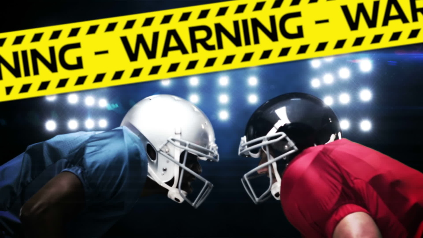 Animation of the words Warning Covid-19 written in black letters on yellow and black tape with coronavirus Covid-19 spreading over two rugby players hitting each other heads with their heads in the - Powered by Shutterstock - Get 15% off with code: PIKWIZARD15