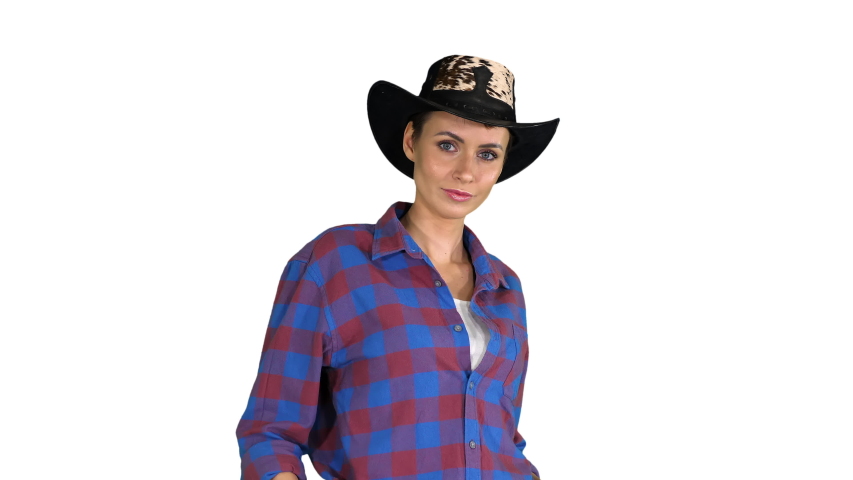 American Woman Cowgirl Posing to Camera on white background.