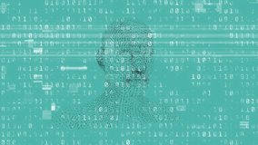 Animation of human head made of grey particles spinning over computer processor displaying binary coding numbers and data recording on green background. Artificial intelligence global futuristic - Powered by Shutterstock - Get 15% off with code: PIKWIZARD15
