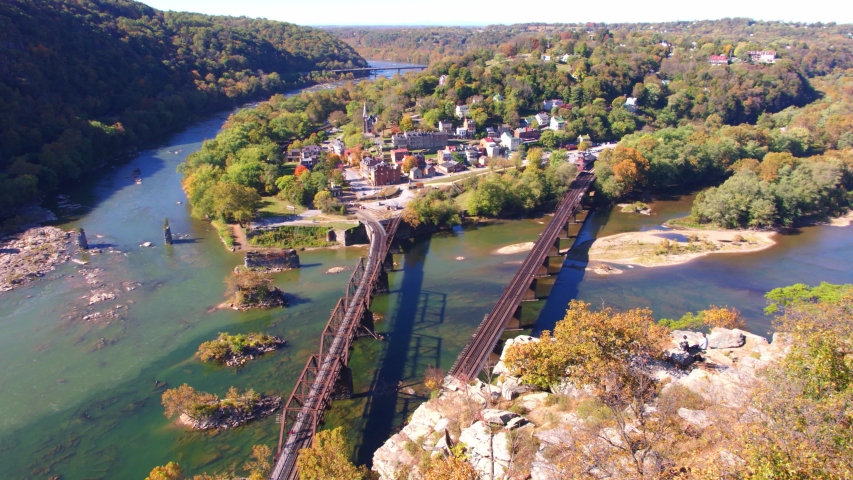 Aerial Drone, People on Cliff Above Historical Harpers Ferry, West Virginia