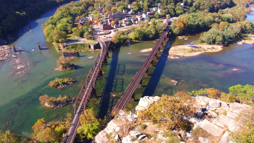Aerial Drone, People on Cliff Above Historical Harpers Ferry, West Virginia