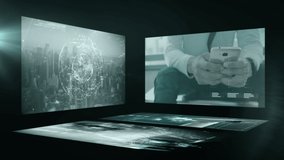 Animation of screens with businessman using a smartphone, globe spinning, cityscape, digital data processing and network of connections. Finance business stock market global data processing concept - Powered by Shutterstock - Get 15% off with code: PIKWIZARD15
