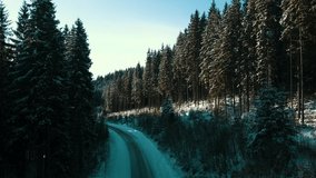 The road in the coniferous forest winter snow snowy swept snowstorm aerial video Carpathians 4k