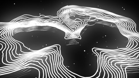 White deformed wavy wires with motion glowing elements and bright particles at black background. Depth of field. 3D render loop animation.