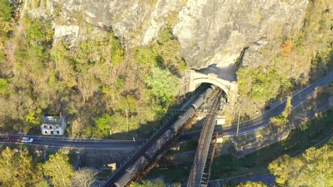 Aerial View Above Trains Entering Tunnel in Harpers Ferry, West Virginia