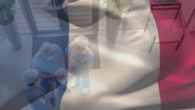 Animation of French flag waving over male and female doctors wearing face masks, protective clothing, standing in a surgical room, discussing over paperwork, in the background. Medicine public health - Powered by Shutterstock - Get 15% off with code: PIKWIZARD15