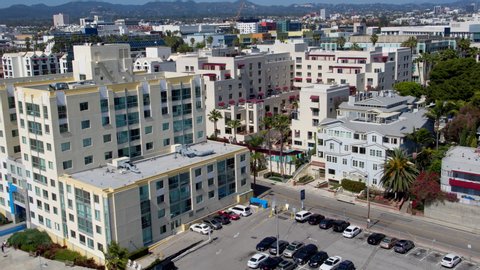 SANTA MONICA, CA - MARCH 30, 2020: Aerial view of desolated Santa Monica buildings and beach in Los Angeles, California as a result of Corona virus Covid-19 pandemic and stay-at-home quarantine.
