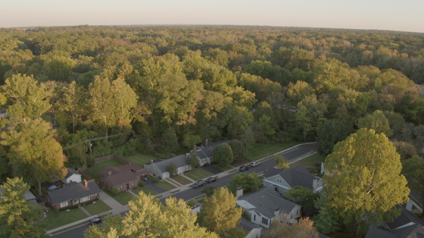 houses and trees in St. Louis with a tilt down to overhead view