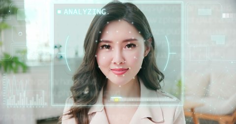 emotion detected by artificial intelligence AI system concept - Young asian businesswoman makes some facial expressions on her face