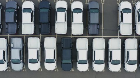 Top down view of the dealership or customs terminal parking lot with a rows of new pickup trucks