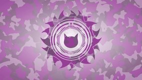 cat face icon inside pink and purple camouflage texture rotary style, conceptual pattern, quality loop animation