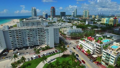 Aerial video of Ocean Drive Miami Beach FL in the summer