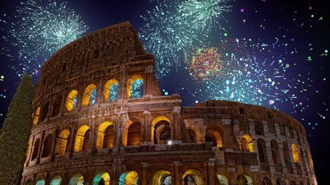 Colosseum Rome night fireworks show new year eve