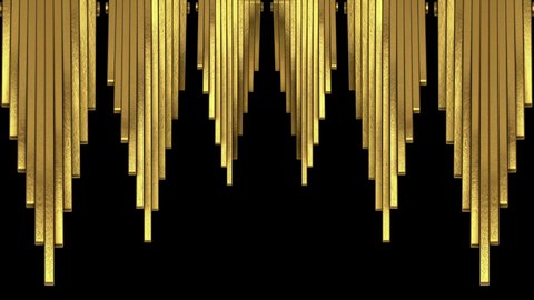 Gold Chimes Art Deco design animation. Incl ALPHA MATTE. 3D model stage decor element for TV show, studio setup, intro, documentary, catwalk stage design or The Great Gatsby and 1920s theme projects.