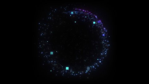 Seamless loop. Animation of a blue round portal consisting of glitched squares and energy clots isolated on black background with alpha luma matte VFX CG 4k. Space door. Sci-fi. Futuristic.