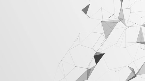 3D render of abstract Plexus black and white geometrical shapes animation. Connection web concept. Digital, Communication Technology Network Background With Moving Triangles, Lines And Dots.