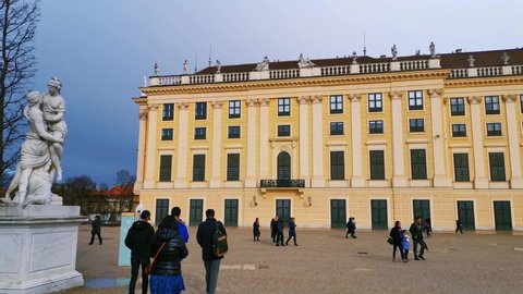Vienna, Austria - 29.01.2020: Schonbrunn Palace or Schloss Schoenbrunn in Vienna, Austria, is an imperial summer residence. Schonbrunn Palace is a major tourist attraction. UNESCO World Heritage site.