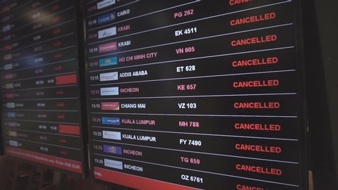 2nd April 2020. Bangkok, Thailand. View of cancelled flights on a display board at the Suvarnabhumi Airport amid Coronavirus fears. Corona virus, Covid 19 outbreak in Bangkok, Thailand.
