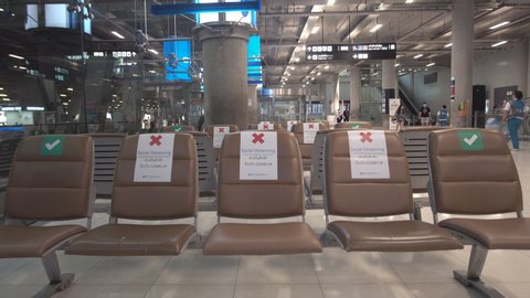 2nd April 2020. Bangkok, Thailand. Seating arrangements promote social distancing at an empty Suvarnabhumi Airpor hall, Corona virus, Covid 19 outbreak in city.