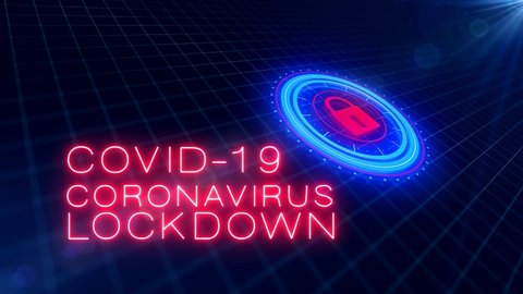 Video animation of a technological, futuristic HUD in blue and red with the biohazard symbol and the message coronavirus covid-19 lockdown - screen