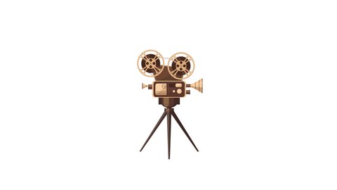 Vintage film camera on a tripod on white background. Old film camera working and moving cinema rolls. Side view. Detailed retro movie camera.