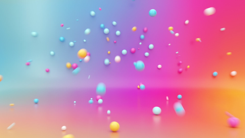 3d rendering, abstract minimal design, fun concept. Explosion after collision of two spheres, mixed colorful balls bouncing over gradient background, balloons jumping, animated particles motion