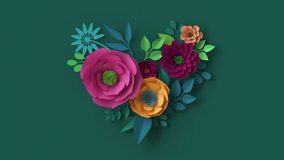 3d abstract floral heart appearing over green wall, botanical background animation, blooming live image, motion design, pink peachy yellow paper flowers growing, round frame with copy space - Powered by Shutterstock - Get 15% off with code: PIKWIZARD15