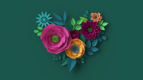 3d abstract floral heart appearing over green wall, botanical background animation, blooming live image, motion design, pink peachy yellow paper flowers growing, round frame with copy space