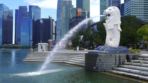 Singapore - April 2020: Quiet Singapore tourist spots Merlion Park without people during the pandemic of Corona virus disease (COVID-19).