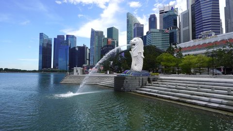 Singapore - April 2020: Quiet Singapore tourist spots Merlion Park without people during the pandemic of Corona virus disease (COVID-19).