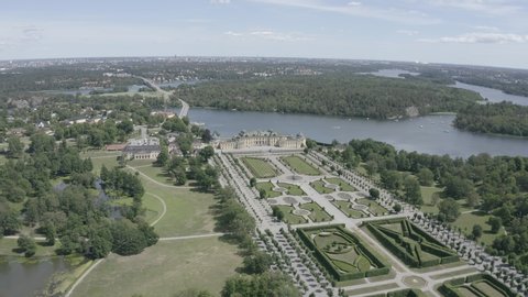 D-Log. Stockholm, Sweden - June 23, 2019: Drottningholm. Drottningholms Slott. Well-preserved royal residence with a Chinese pavilion, theater and gardens, Aerial View, Point of interest