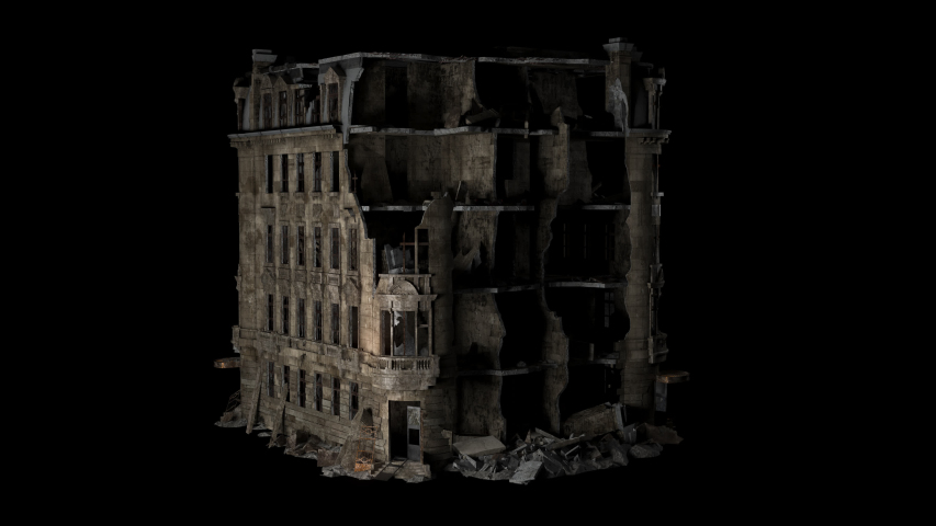 The burning collapsing building. The molten finish of the house caught fire and flows down to the lower floors of the house. VFX animation with an alpha channel.