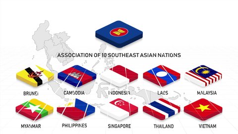 International organization in Southeast Asia with 10 countries with flags on grid background.