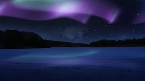 Aurora Lights,Realistic real time (not timelapse) colorful aurora borealis (northern lights) dancing over forest.
Animation of realistic and bright Aurora Borealis phenomenon