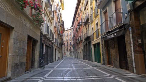 Salamanca, Spain - March 2020: Walking empty street of Salamanca, Spain. No people, all closed due to quarantine coronavirus effects