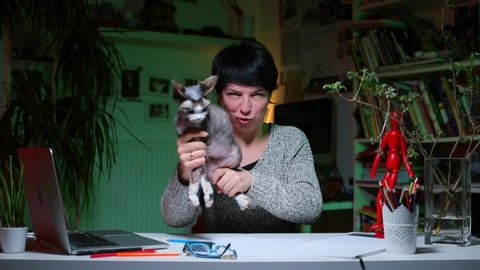 Remote work at home. Keep calm. Сheerful woman sitting at a table shoots a cat, imitates a weapon. Fun moments of joy at work. An inner feeling of satisfaction, pleasure, cheerful mood and happiness.
