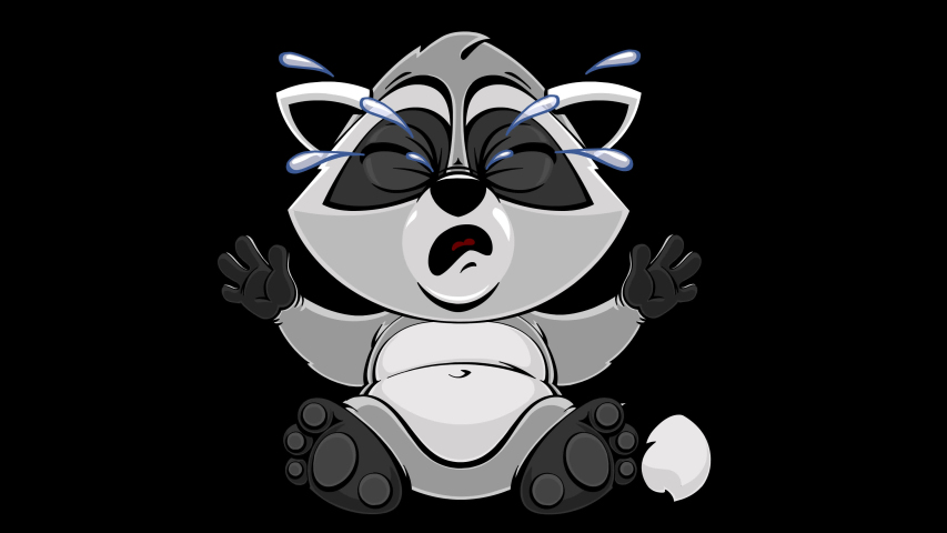 Cartoon little raccoon crying. Animated character, mascot. A loop. Transparent background with alpha channel.