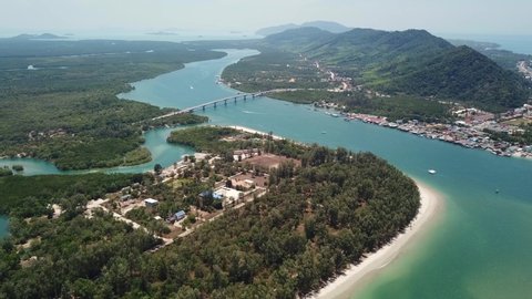 An aerial view of  Lanta noi island and Lanta isaland with the Siri Lanta Bridge, south of Thailand Krabi province,Popular tourist attraction for tourists visiting snorkeling.