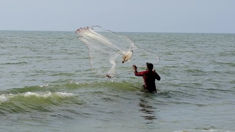 Kerala, India - November 29, 2019: Unidentified Indian fisherman catch fish by throwing net, Kerala state, India.