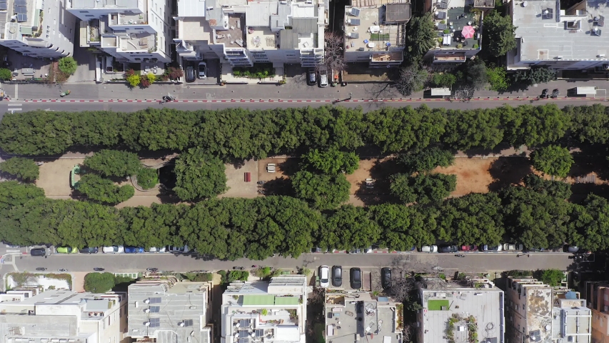Corona Virus lockdown, Aerial view along Tel Aviv Rothschilds boulevard and surrounding streets with no people and traffic due to Government guidelines.