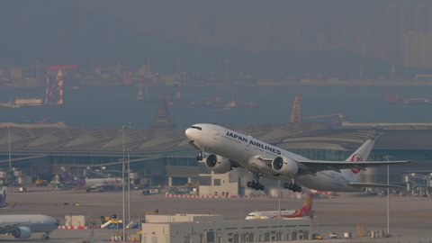 HONG KONG - NOVEMBER 10, 2019: Japan Airlines Boeing 777 JA706J departure from Hong Kong