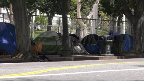 Los Angeles California, Tents of the unhoused or homeless encampment next to Los Angeles City Hall