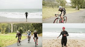 Collage of swimmers and cyclists during competition. Split screen collage of male and female athletes in sportswear riding bicycles and training on sea coast. Triathlon concept