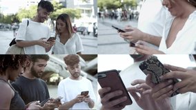 Happy young people using smartphones. Multiscreen montage of diverse cheerful young men and women using mobile phones outdoors. Technology concept