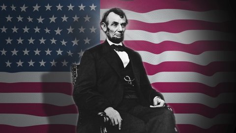 A Portrait 16th President of the United States Abraham Lincoln Abraham Lincoln Memorial A Computer Animation CGI With American Flag Behind in 4K 60 Fps