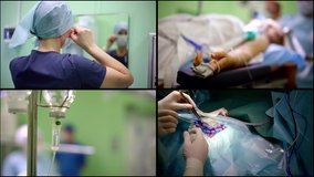 Collage video preparing for surgery in the operating room during surgery