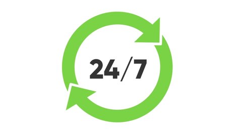 24 7 green animated icon for support center, online store, food delivery