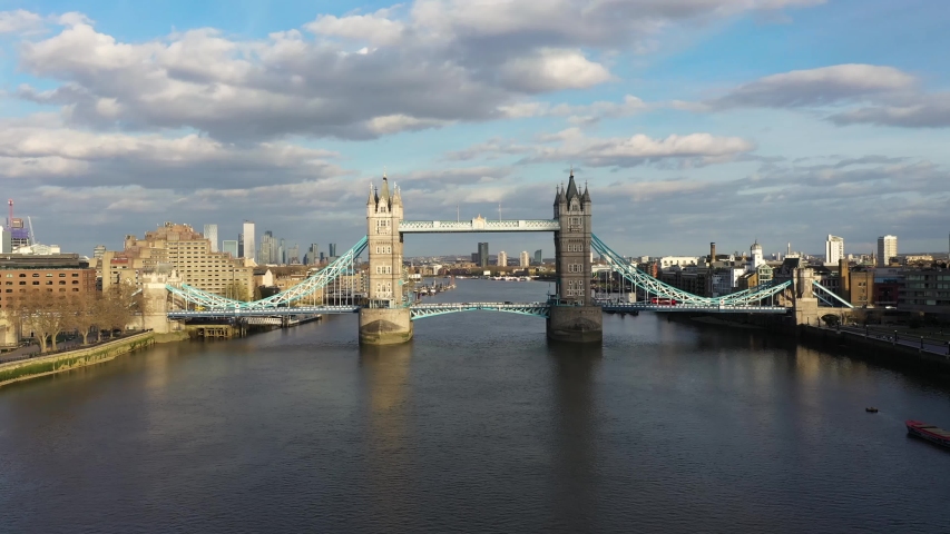 Establishing Aerial drone View of Tower Bridge, Skyline, 20, sky garden by the Thames River, United Kingdom, UK Royalty-Free Stock Footage #1049805298